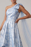 One Shoulder Sky Blue A Line High Low Mother of the Bride Dress with Bow