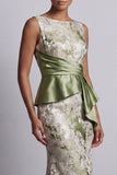 Light Green Mermaid Floral Boat Neck Long Mother of the Bride Dress with Slit