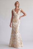 Champagne Mermaid Long Floral Mother of the Bride Dress with Bows