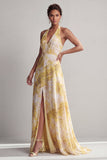 Halter A Line Yellow Floral Printed Long Mother of the Bride Dress with Slit