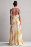 Halter A Line Yellow Floral Printed Long Mother of the Bride Dress with Slit