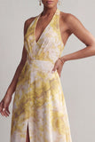 Halter A Line Yellow Floral Printed Long Mother of the Bride Dress with Slit