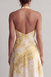 Halter A Line Yellow Floral Printed Long Mother of the Bride Dress with Slit