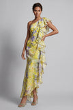 One Shoulder Yellow Floral Mermaid Long Printed Mother of the Bride Dress with Ruffles