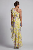 One Shoulder Yellow Floral Mermaid Long Printed Mother of the Bride Dress with Ruffles