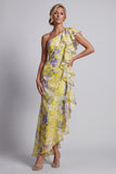 One Shoulder Yellow Floral Mermaid Long Printed Mother of the Bride Dress with Ruffles