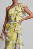 One Shoulder Yellow Floral Mermaid Long Printed Mother of the Bride Dress with Ruffles