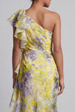 One Shoulder Yellow Floral Mermaid Long Printed Mother of the Bride Dress with Ruffles