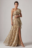 Champagne Floral A Line Long Ruffled Mother of the Bride Dress with Slit