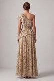 Champagne Floral A Line Long Ruffled Mother of the Bride Dress with Slit