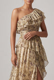 Champagne Floral A Line Long Ruffled Mother of the Bride Dress with Slit