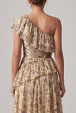 Champagne Floral A Line Long Ruffled Mother of the Bride Dress with Slit