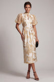 Champagne Sheath Puff Sleeves Midi Mother of the Bride Dress with Keyhole
