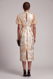 Champagne Sheath Puff Sleeves Midi Mother of the Bride Dress with Keyhole