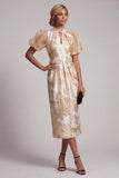 Champagne Sheath Puff Sleeves Midi Mother of the Bride Dress with Keyhole