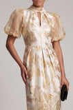 Champagne Sheath Puff Sleeves Midi Mother of the Bride Dress with Keyhole