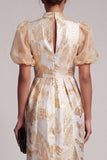 Champagne Sheath Puff Sleeves Midi Mother of the Bride Dress with Keyhole