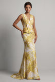Yellow Floral Mermaid Long Printed Mother of the Bride Dress