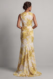 Yellow Floral Mermaid Long Printed Mother of the Bride Dress