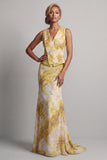 Yellow Floral Mermaid Long Printed Mother of the Bride Dress