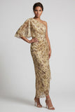 One Shoulder Champagne Floral Sheath Long Mother of the Bride Dress