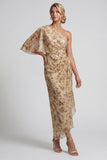 One Shoulder Champagne Floral Sheath Long Mother of the Bride Dress
