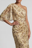 One Shoulder Champagne Floral Sheath Long Mother of the Bride Dress