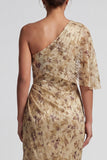 One Shoulder Champagne Floral Sheath Long Mother of the Bride Dress
