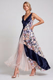Blush Long A Line V-Neck Floral Long Mother of the Bride Dress
