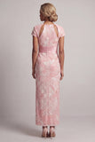 Blush Beaded Sheath Short Sleeves Cut Out Mother of the Bride Dress