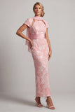 Blush Beaded Sheath Short Sleeves Cut Out Mother of the Bride Dress