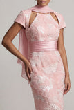Blush Beaded Sheath Short Sleeves Cut Out Mother of the Bride Dress