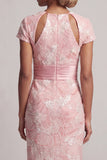 Blush Beaded Sheath Short Sleeves Cut Out Mother of the Bride Dress