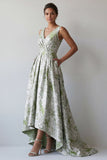 A Line Light Green Floral Long Mother of the Bride Dress with Pockets