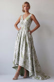 A Line Light Green Floral Long Mother of the Bride Dress with Pockets