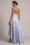 Halter A Line Sky Blue Floral High Low Mother of the Bride Dress