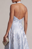 Halter A Line Sky Blue Floral High Low Mother of the Bride Dress