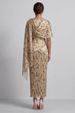 Champagne Sheath Long Floral Mother of the Bride Dress with Cape
