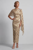 Champagne Sheath Long Floral Mother of the Bride Dress with Cape