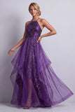 Dark Purple Halter Long A Line Mother of the Bride Dress with Ruffles