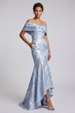 Off The Shoulder Sky Blue Mermaid Floral Long Mother of the Bride Dress with Pockets