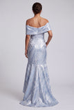 Off The Shoulder Sky Blue Mermaid Floral Long Mother of the Bride Dress with Pockets