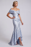 Off The Shoulder Sky Blue Mermaid Floral Long Mother of the Bride Dress with Pockets