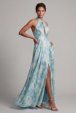 Light Green A Line Floral Halter Long Mother of the Bride Dress with Slit
