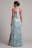 Light Green A Line Floral Halter Long Mother of the Bride Dress with Slit