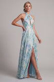 Light Green A Line Floral Halter Long Mother of the Bride Dress with Slit