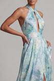 Light Green A Line Floral Halter Long Mother of the Bride Dress with Slit