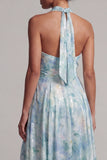 Light Green A Line Floral Halter Long Mother of the Bride Dress with Slit