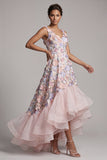 Blush A Line Floral High Low V-Neck Mother of the Bride Dress with Ruffles