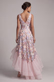 Blush A Line Floral High Low V-Neck Mother of the Bride Dress with Ruffles